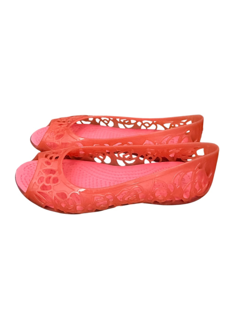 Crocs Girls Pink Coral Jelly Peep Toe Flats Water Shoes Size J2 C2 - Picture 3 of 8